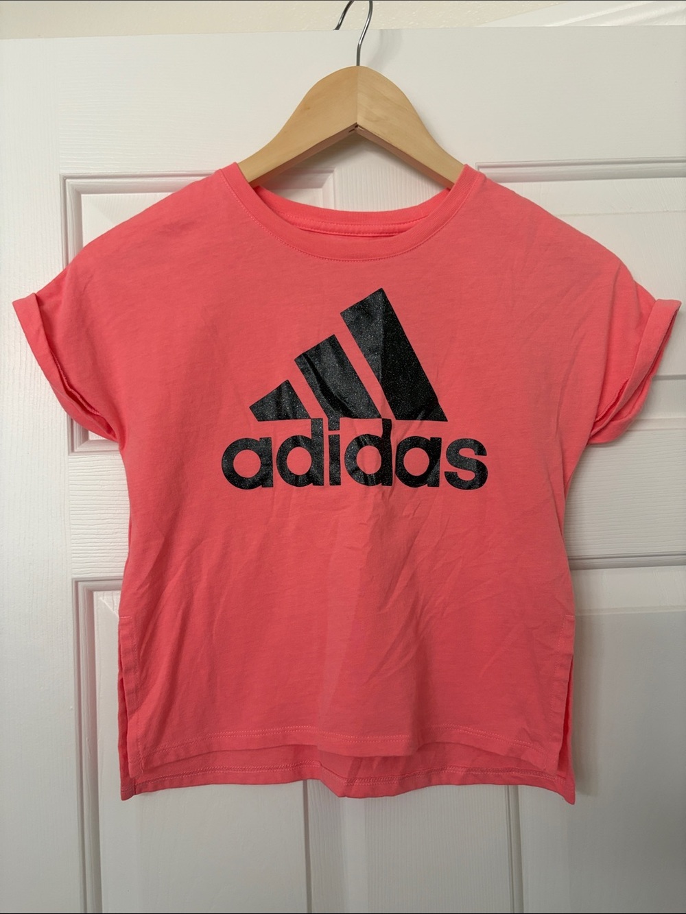 adidas Bright Coral Tee with Black Logo - Kids Short Sleeve